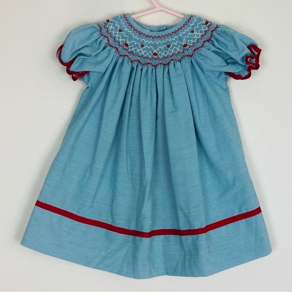 Lulu Bebe Other - Lulu Bebe blue and white striped smocked dress with red embroidered floral. 12m